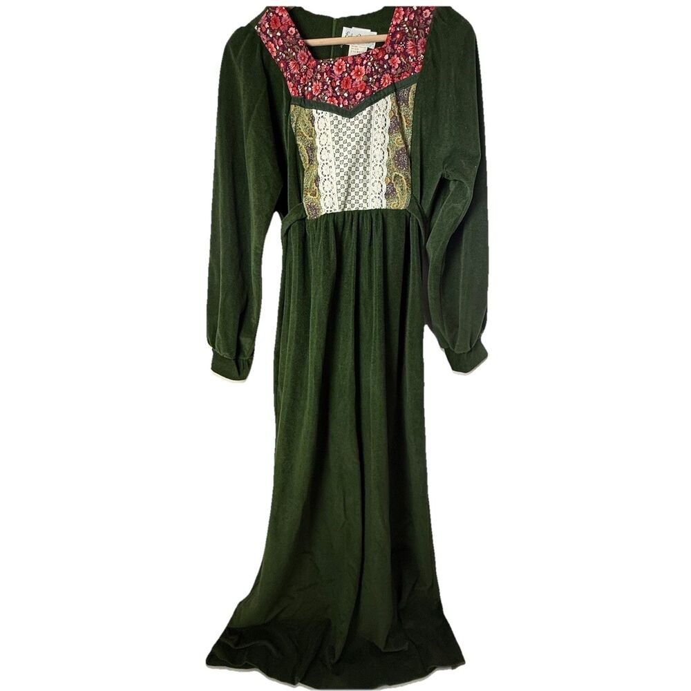 Evelyn Pearson Jr Dress Green 70's Vintage Maxi Prairie Boho Fairy Folk Empire
